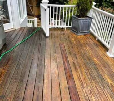 Before and after wooden deck cleaning showing restored wood grain